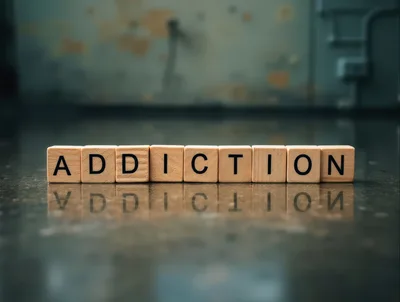 Wooden Blocks Spelling Addiction On Reflective Surface