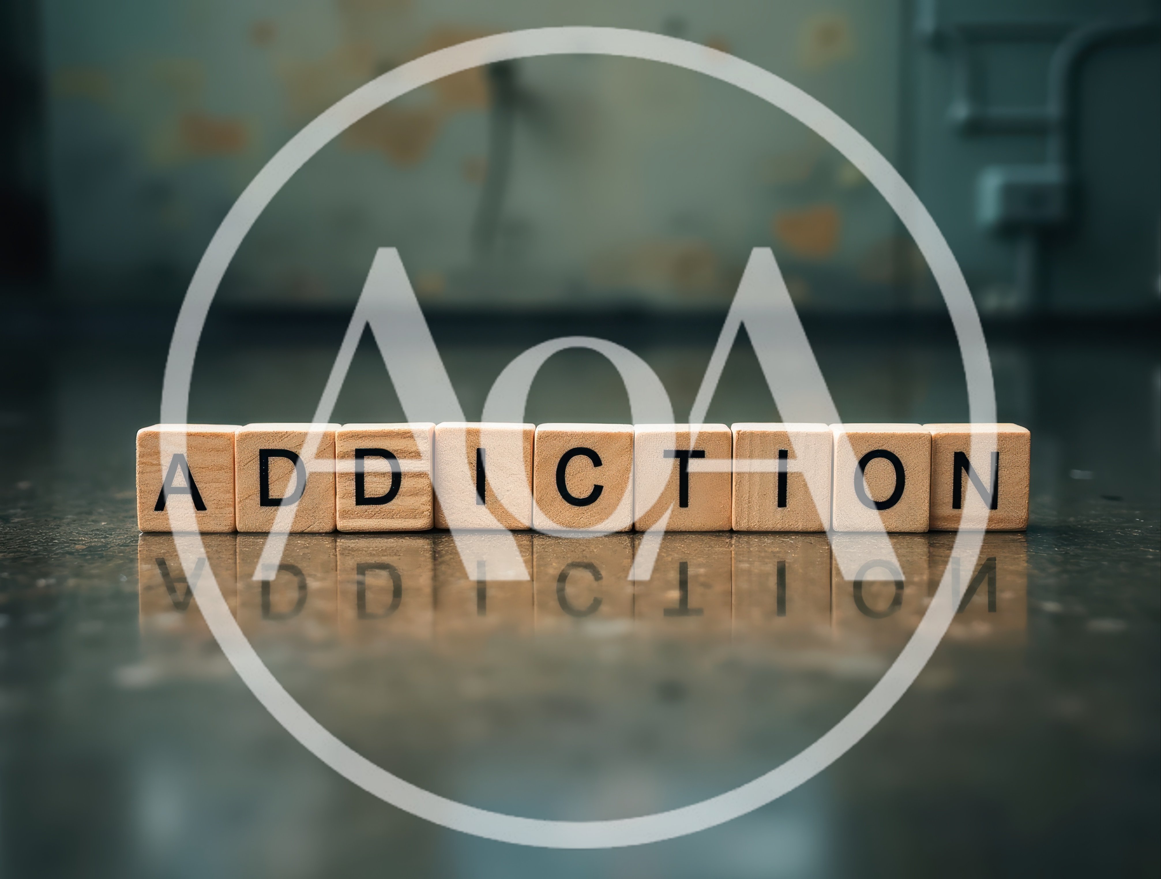 Wooden Blocks Spelling Addiction On Reflective Surface
