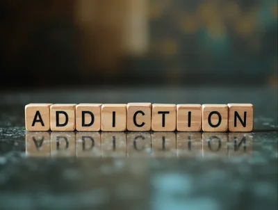 Wooden Blocks Spelling Addiction On Reflective Surface