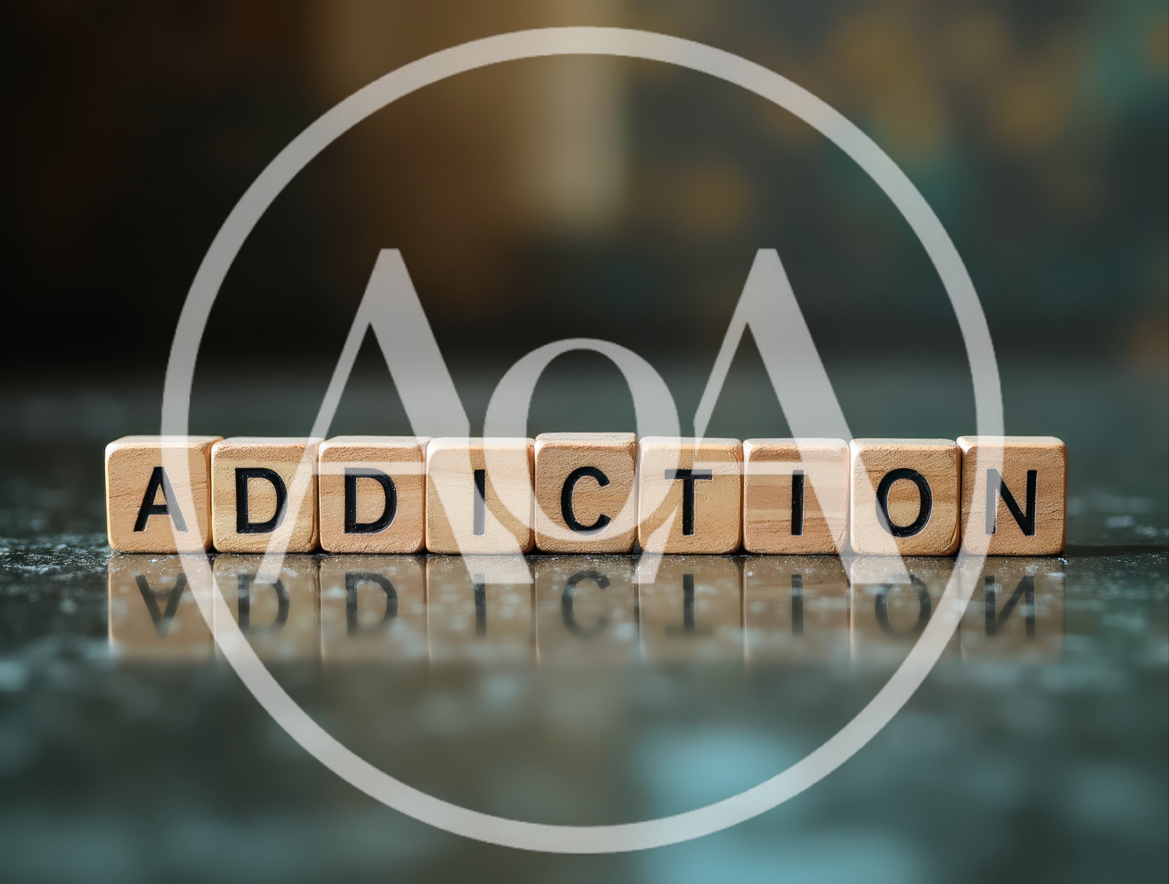 Wooden Blocks Spelling Addiction On Reflective Surface