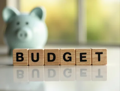 Wooden Blocks Spelling Budget Next To A Piggy Bank