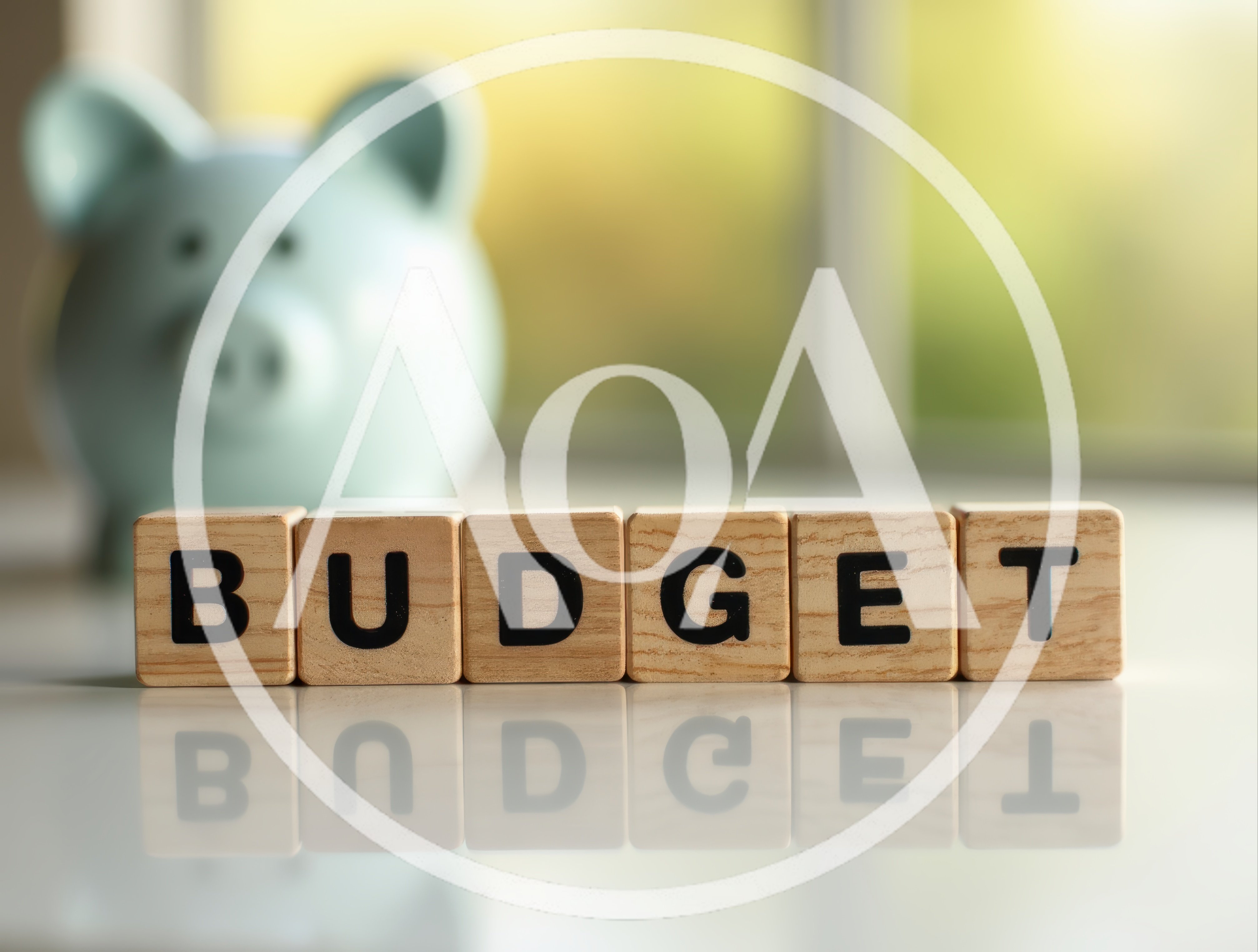 Wooden Blocks Spelling Budget Next To A Piggy Bank