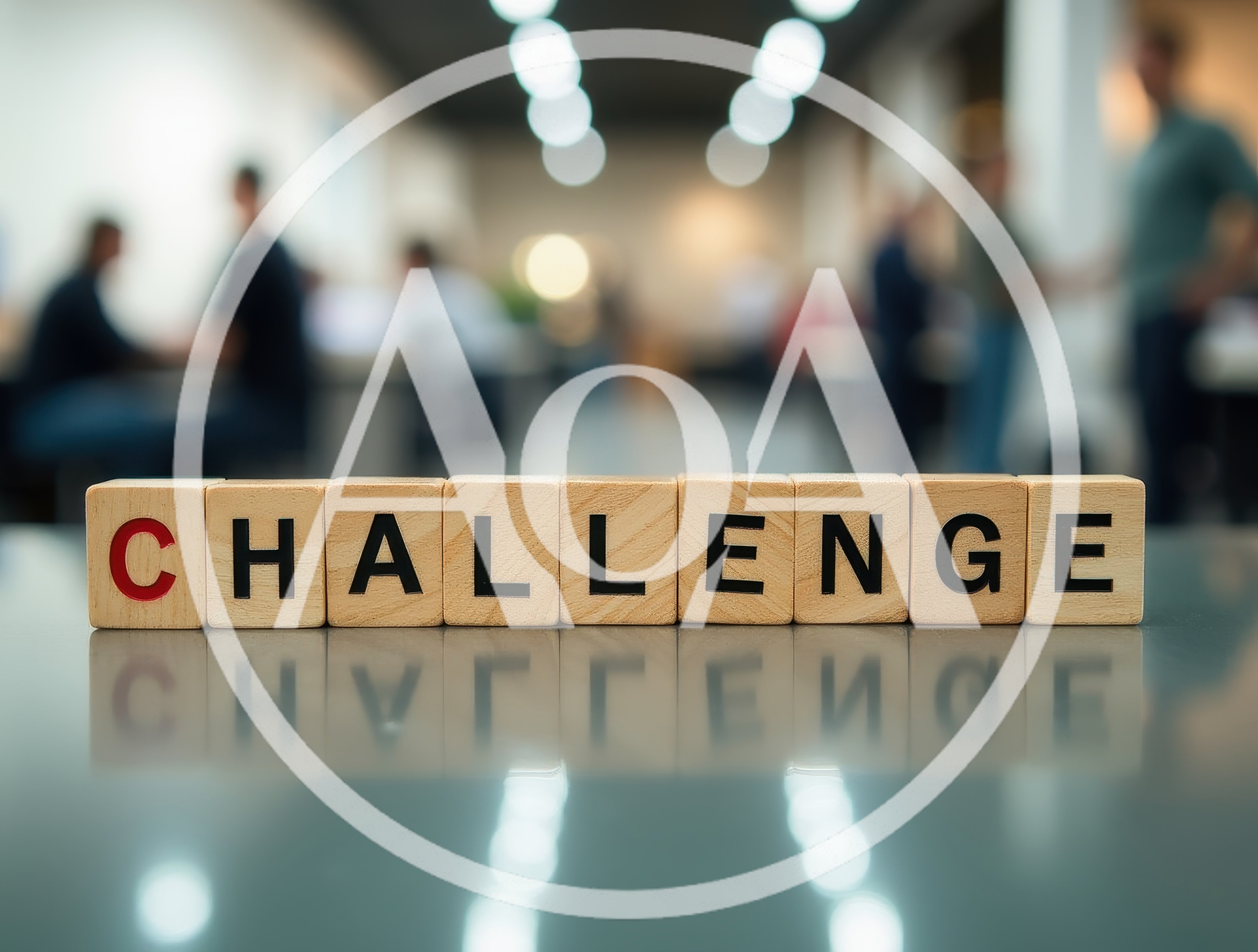 Wooden Blocks Spelling Challenge On A Reflective Office Desk