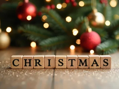 Wooden Blocks Spelling Christmas on a Festive Background