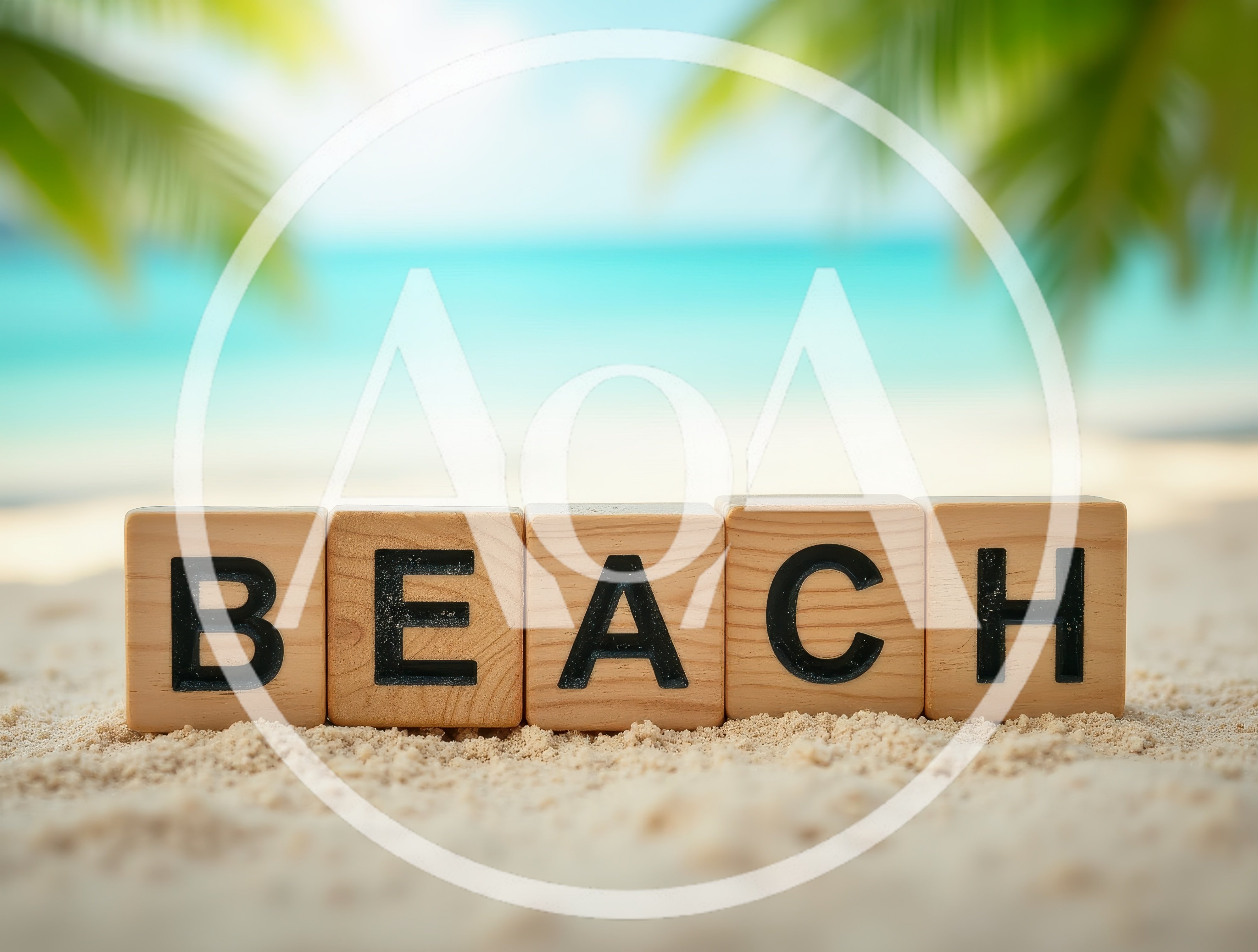 Wooden Blocks Spelling Beach On Tropical Sand
