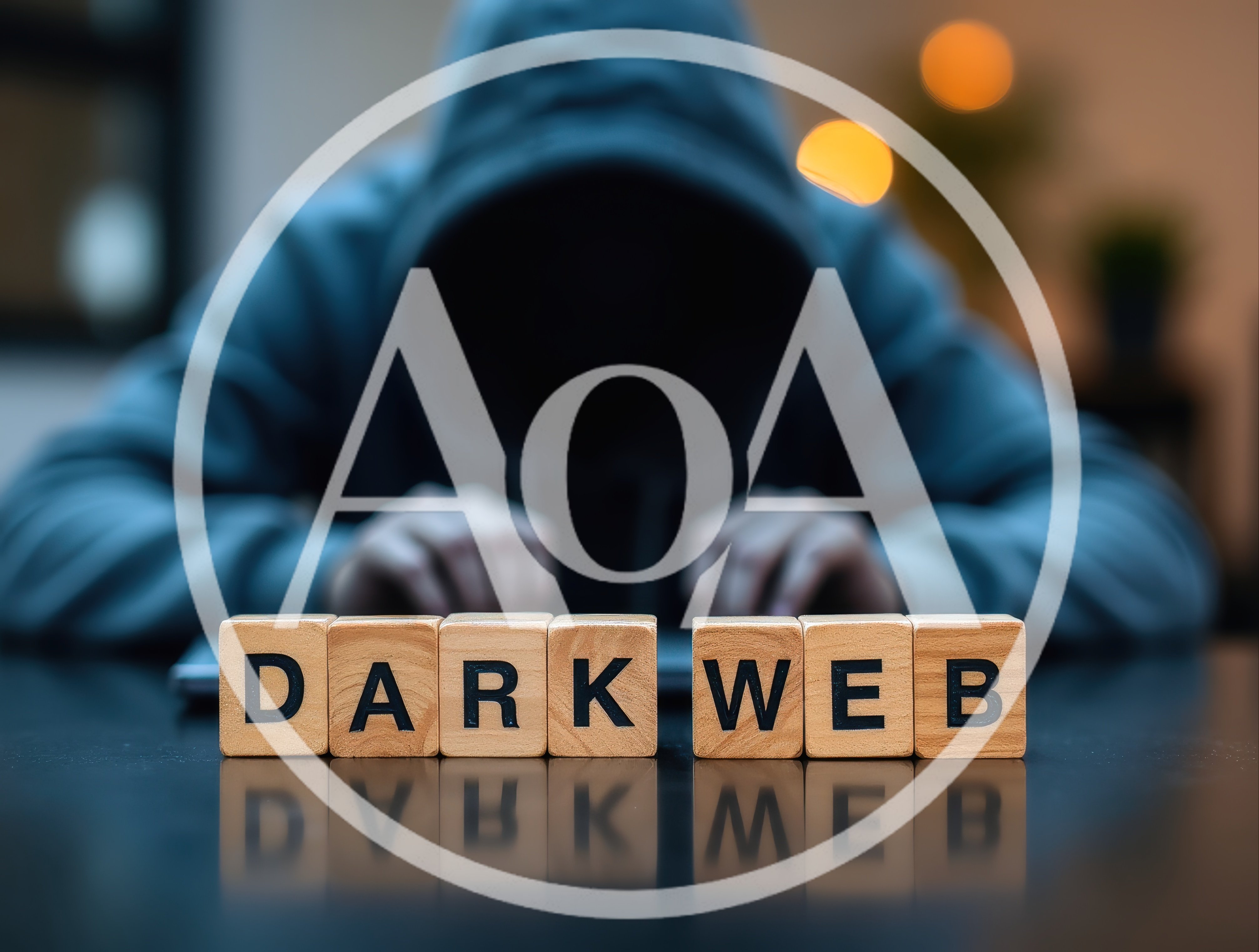 Hacker Working On Laptop With Dark Web Wooden Blocks