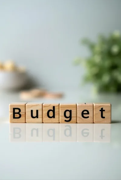 Wooden Blocks Spelling Budget on Reflective Surface