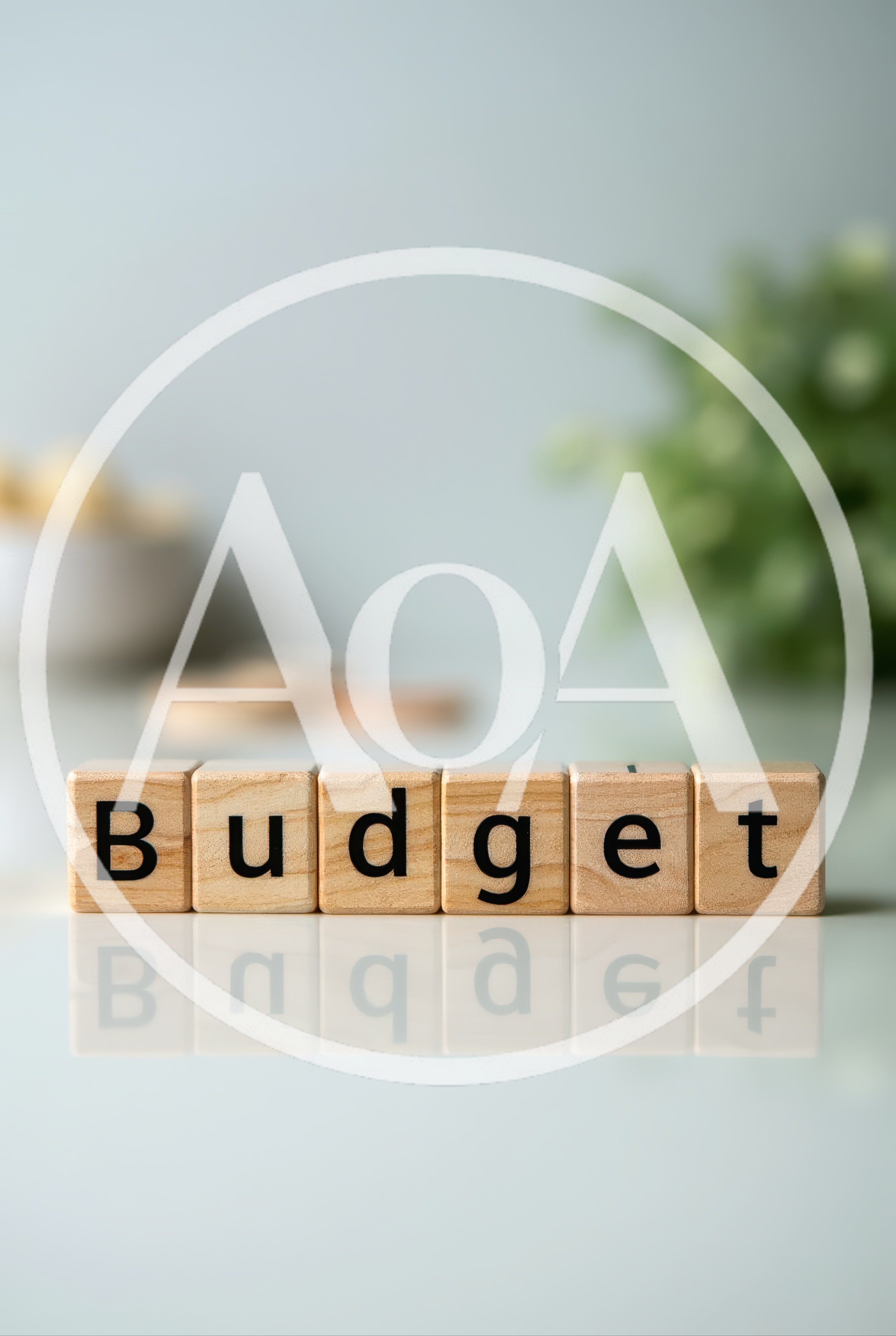 Wooden Blocks Spelling Budget on Reflective Surface
