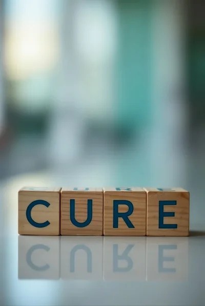 Wooden Blocks Spelling The Word Cure On Reflective Surface