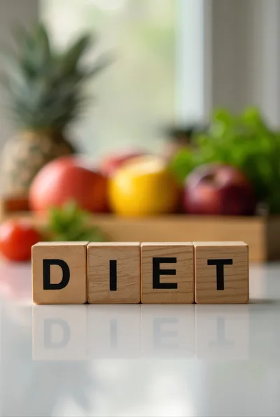 Wooden Blocks Spelling Diet with Fresh Fruit Background