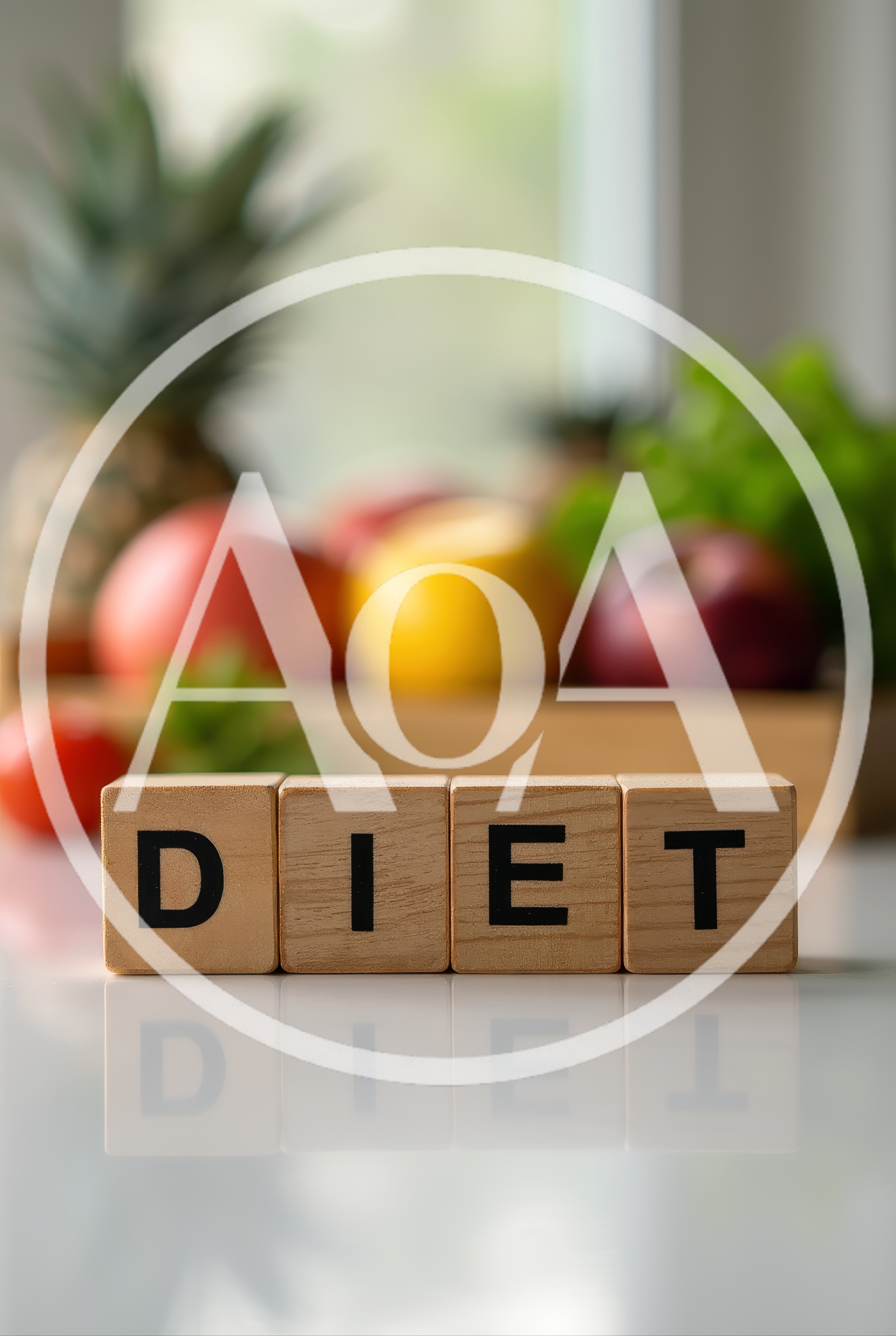 Wooden Blocks Spelling Diet with Fresh Fruit Background