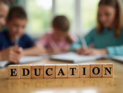 Wooden Blocks Spelling Education With Students Studying In Background