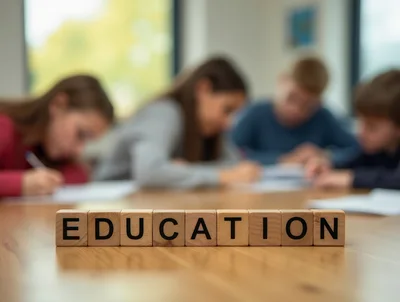 Wooden Blocks Spelling Education On A Classroom Table
