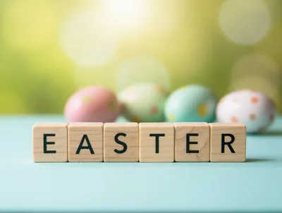 Wooden Blocks Spelling Easter with Colorful Eggs
