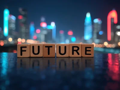 Wooden Blocks Spelling Future Against Blurred City Skyline