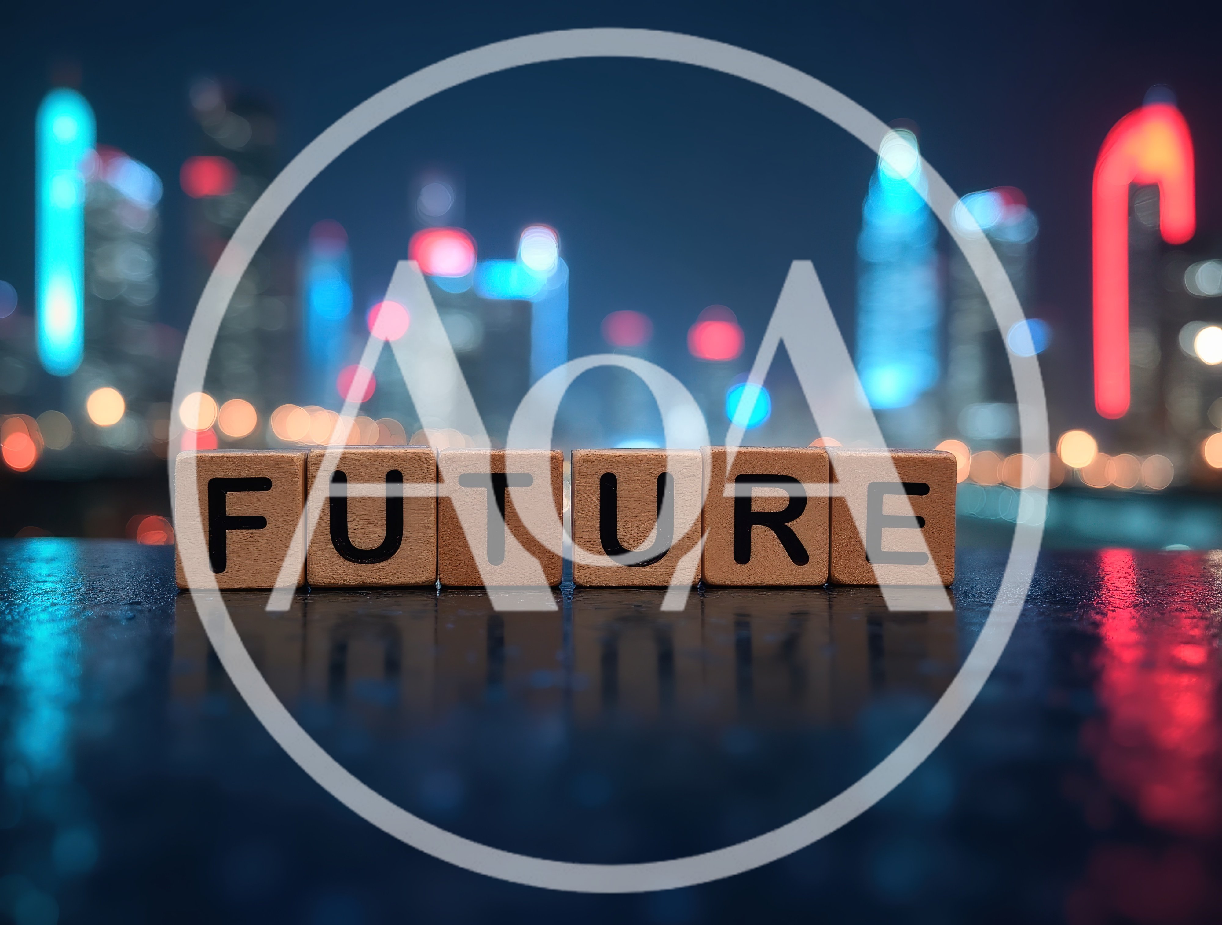 Wooden Blocks Spelling Future Against Blurred City Skyline