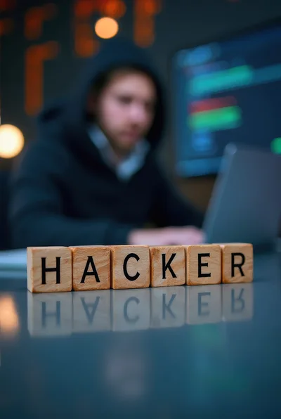 Hacker Working on Laptop with Wooden Blocks