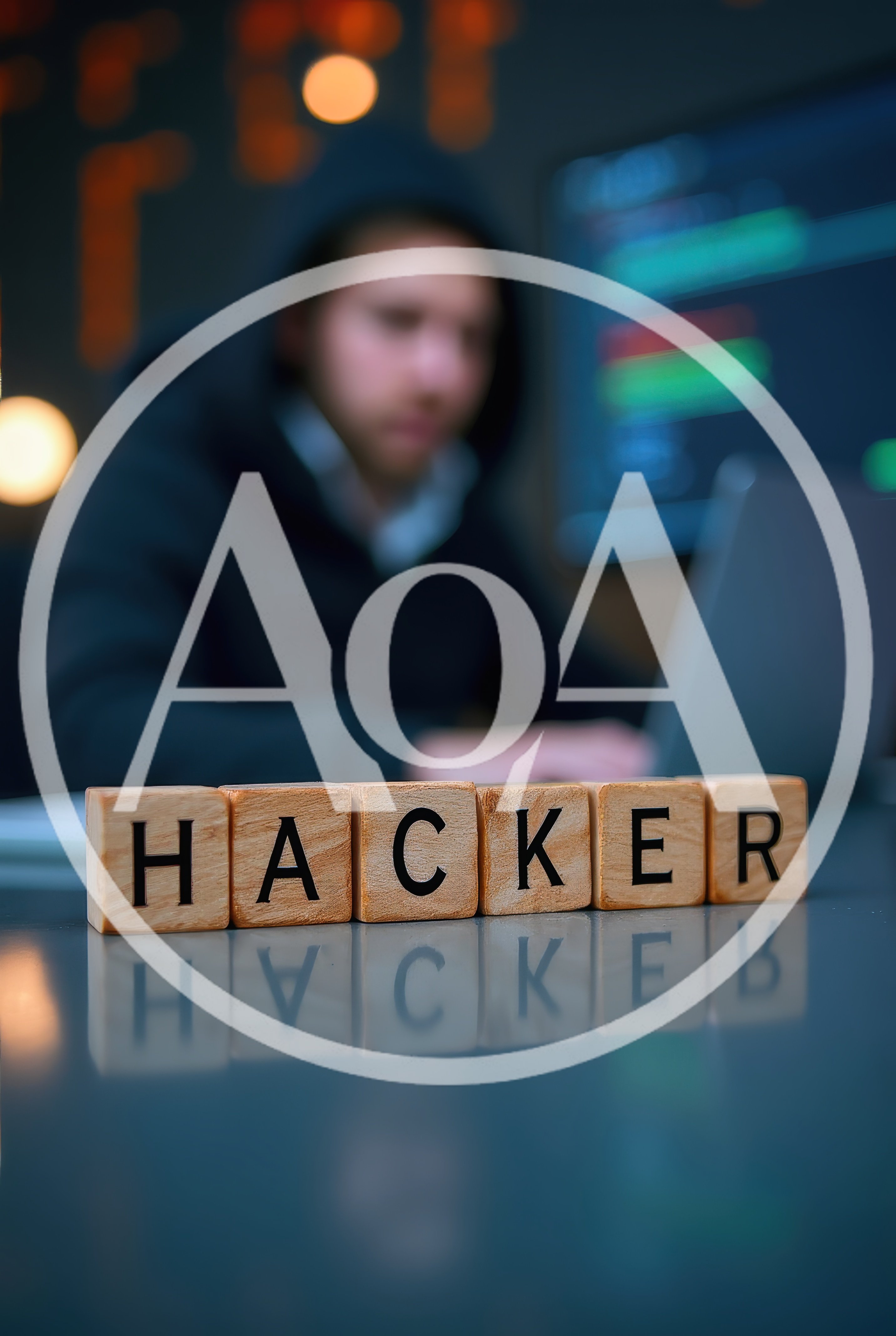Hacker Working on Laptop with Wooden Blocks