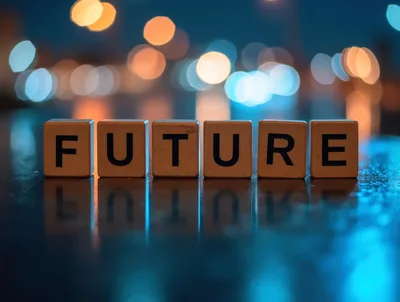Wooden Blocks Spelling Future With Bokeh City Lights