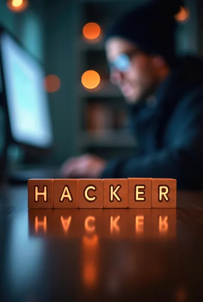 Hacker Working at Computer with Glowing Wooden Blocks