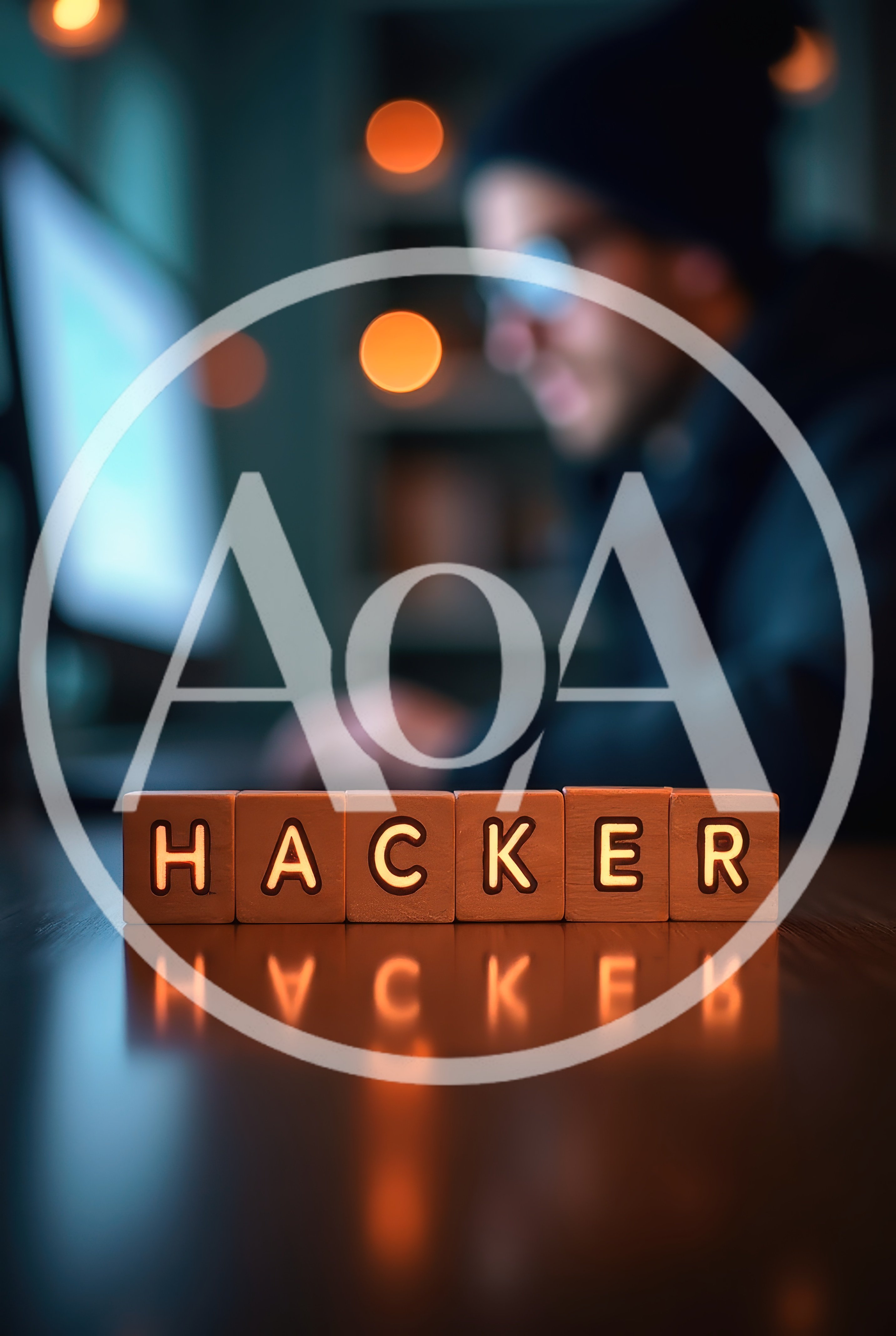 Hacker Working at Computer with Glowing Wooden Blocks