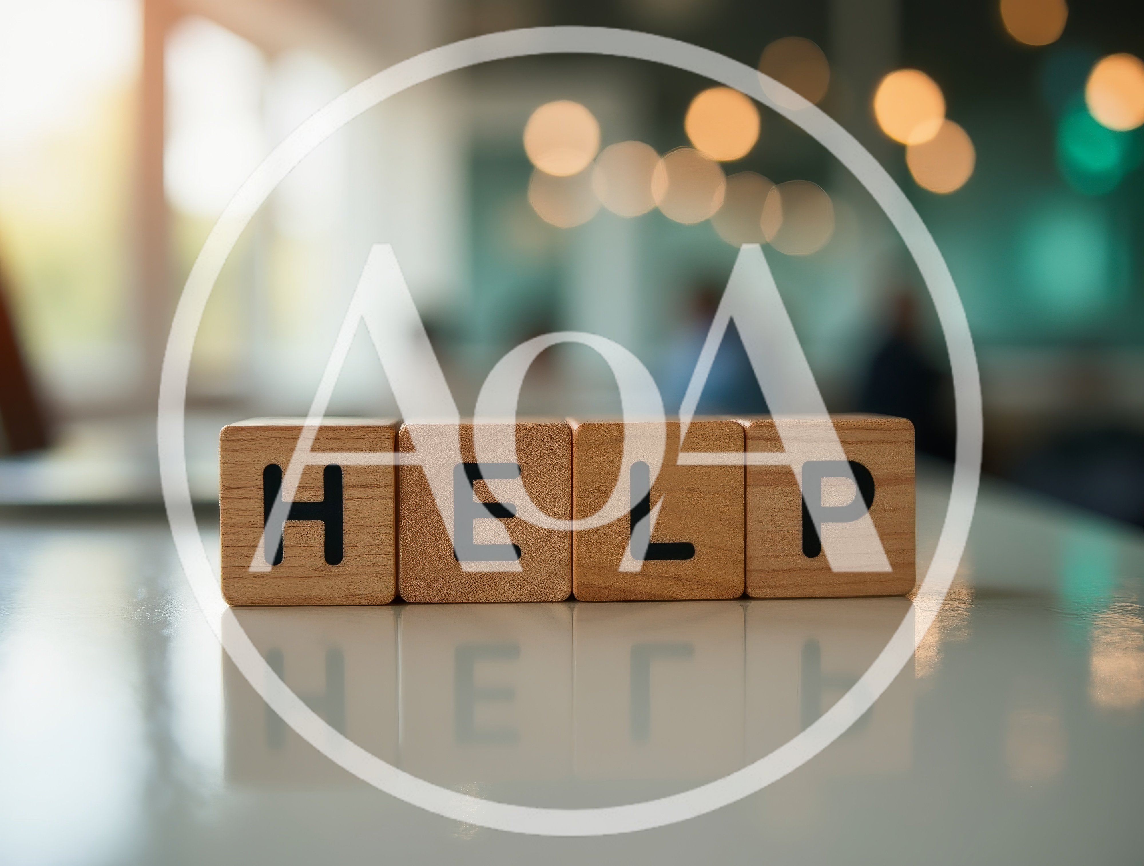 Wooden Blocks Spelling Help On A Reflective Surface