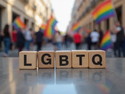 LGBTQ Wooden Blocks on Reflective Surface at Pride Parade