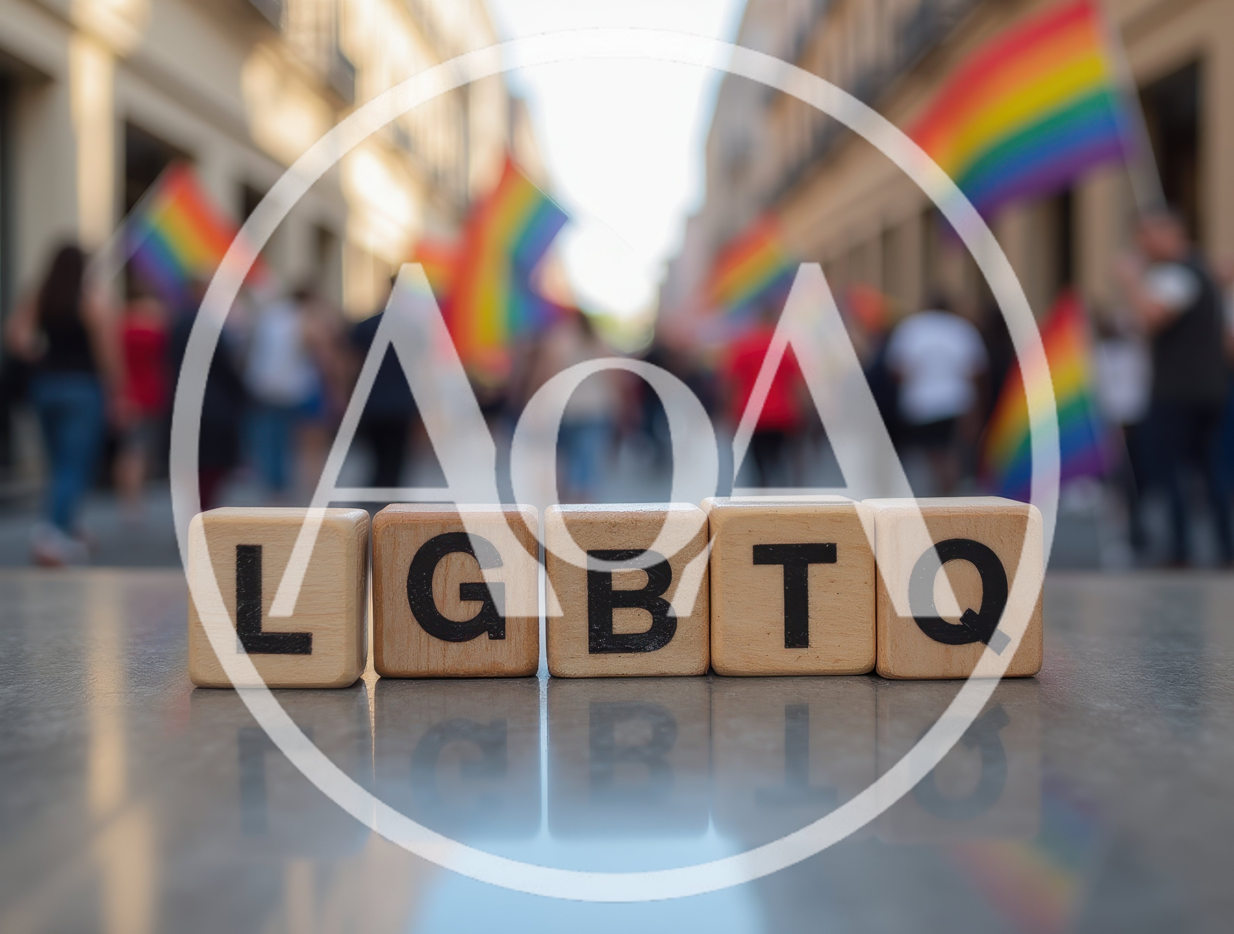 LGBTQ Wooden Blocks on Reflective Surface at Pride Parade