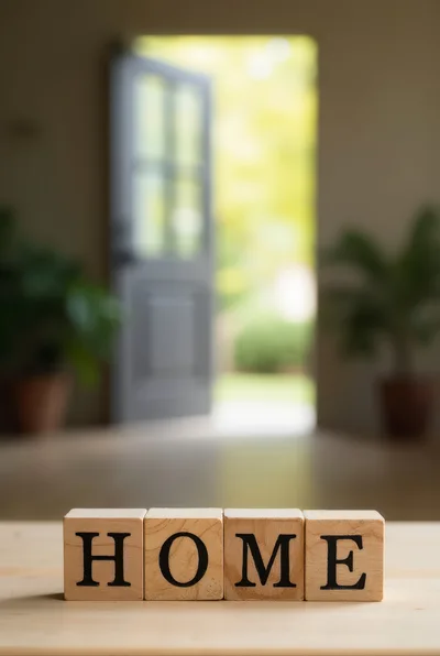 Wooden Blocks Spelling Home On A Table