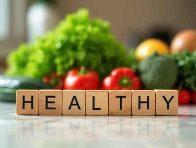 Wooden Blocks Spelling Healthy With Fresh Vegetables Background