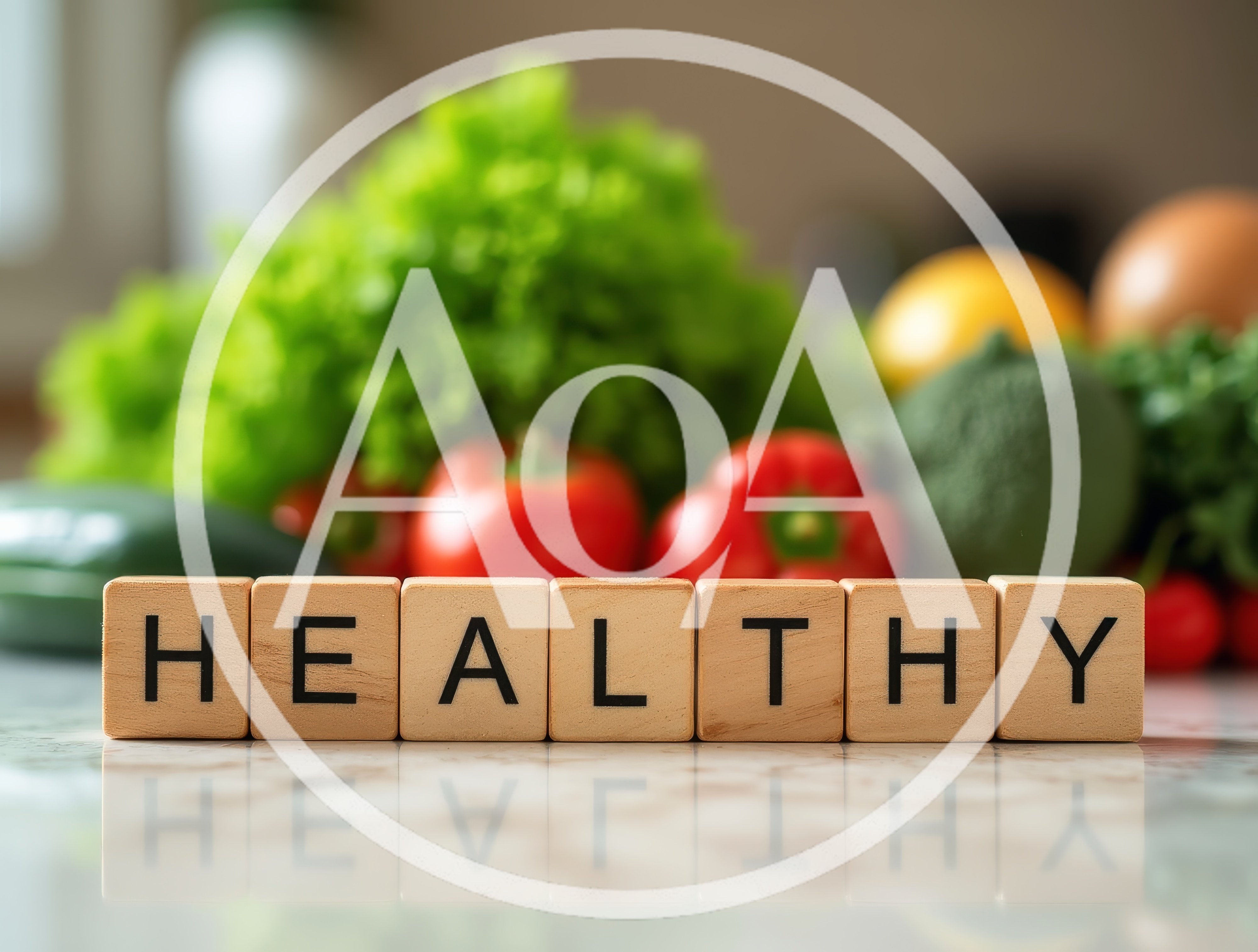 Wooden Blocks Spelling Healthy With Fresh Vegetables Background