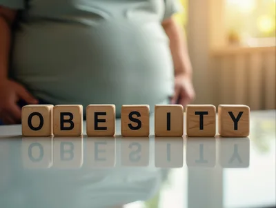 Wooden Blocks Spelling Obesity With Person In Background
