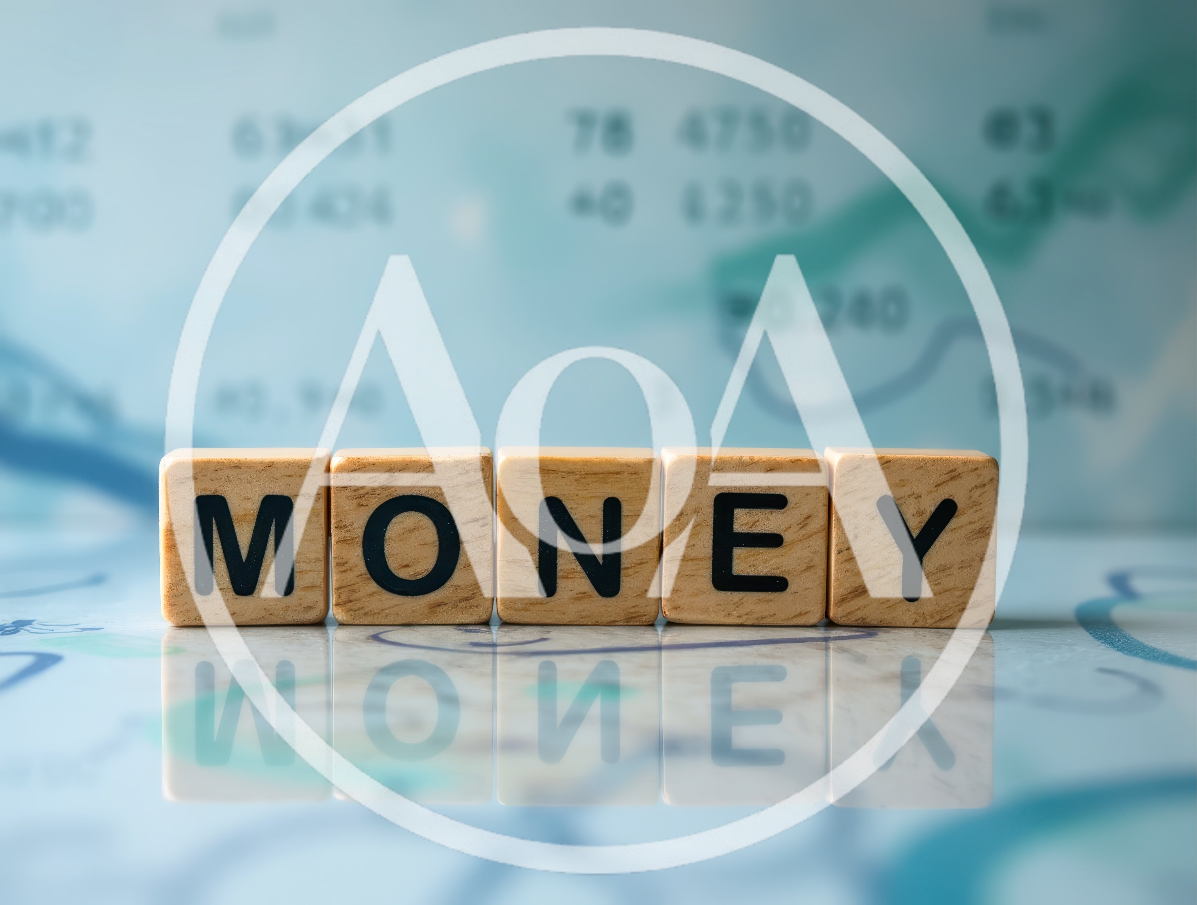 Wooden Blocks Spelling Money on Financial Chart Background