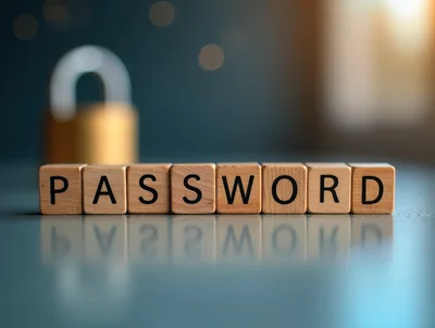 Wooden Blocks Spelling Password With A Blurred Padlock