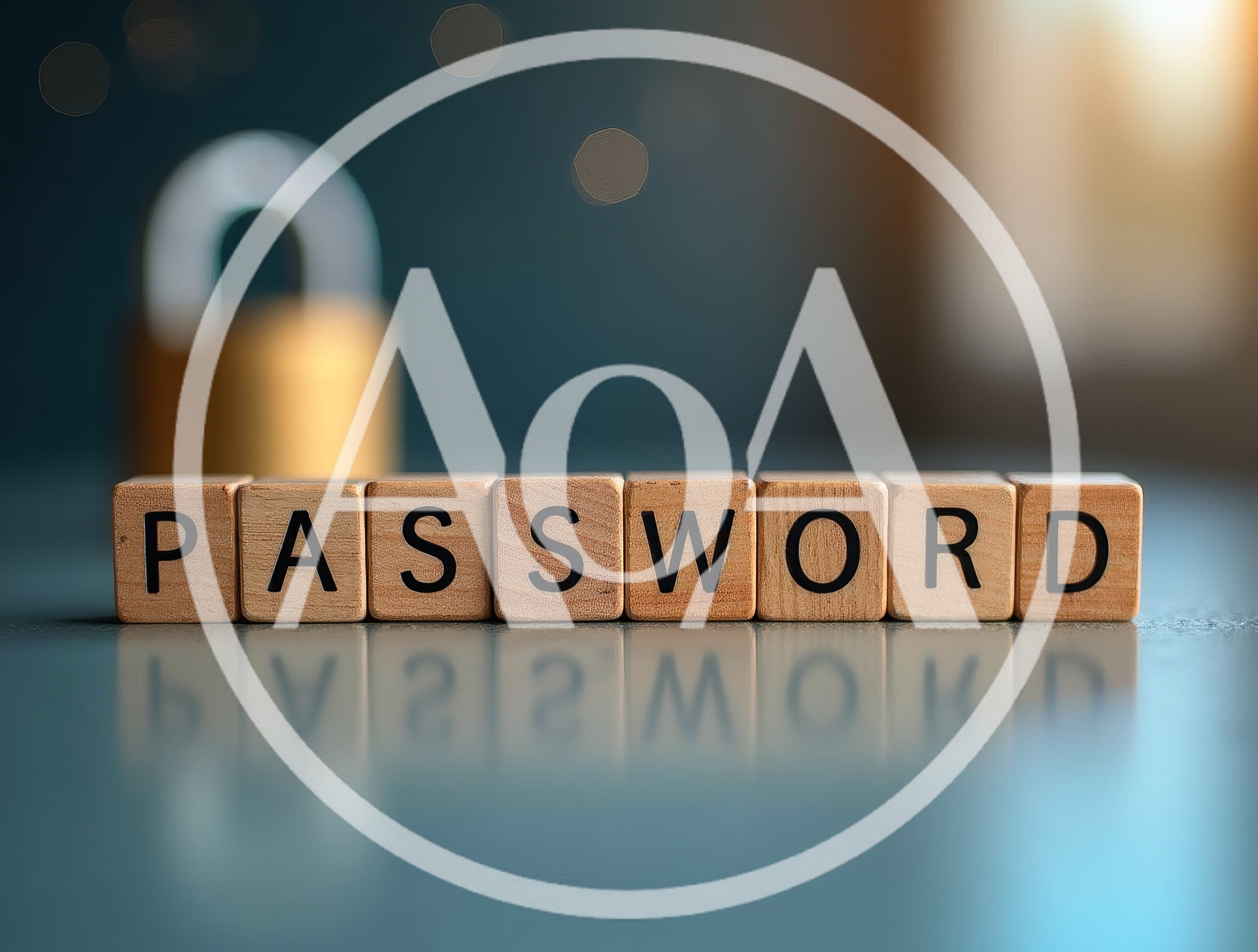 Wooden Blocks Spelling Password With A Blurred Padlock