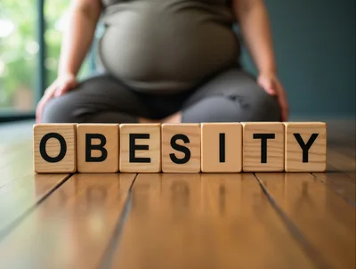 Wooden Blocks Spelling Obesity With Person In Background