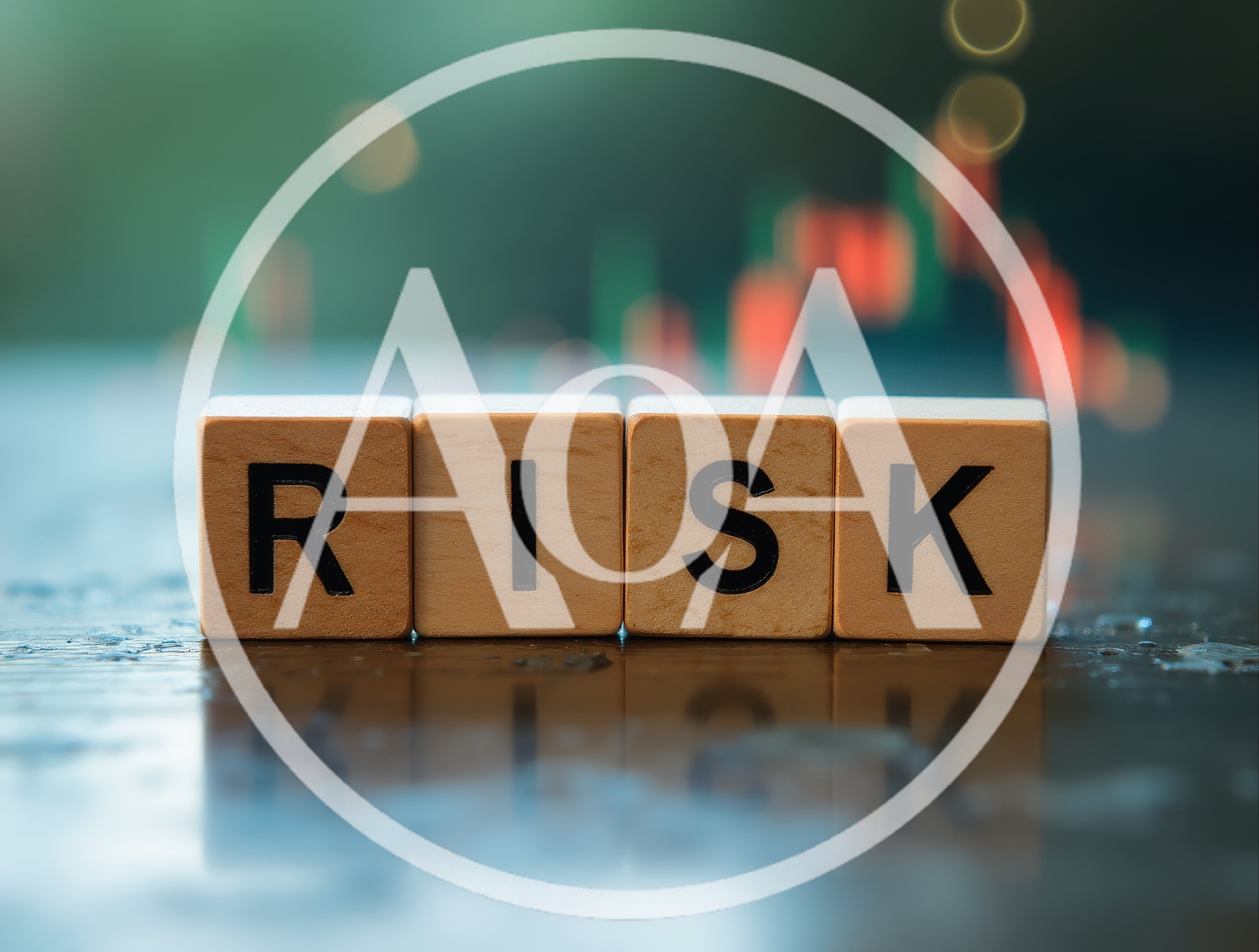Wooden Blocks Spelling Risk With Blurred Financial Chart Background