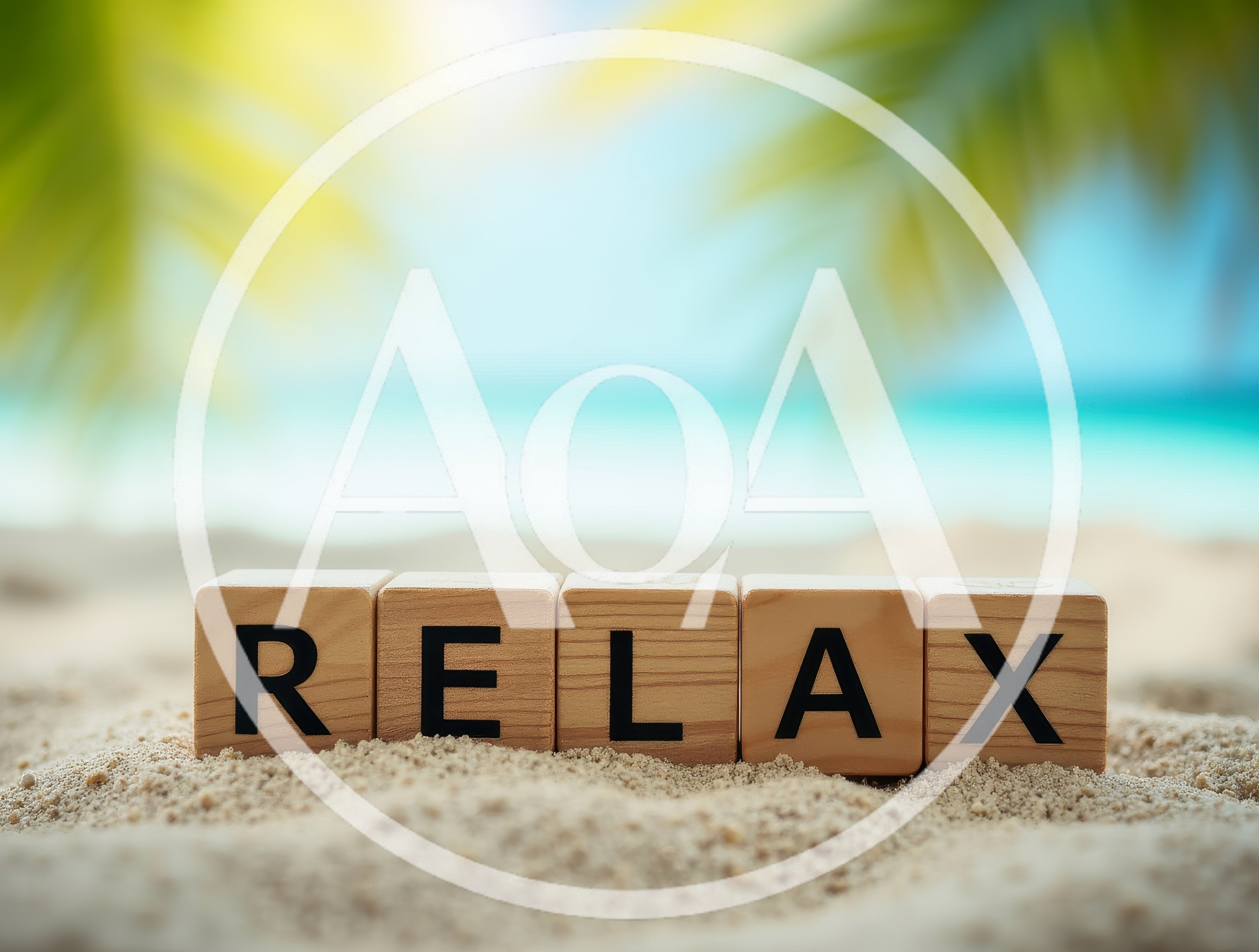 Wooden Blocks Spelling Relax on Tropical Beach Sand