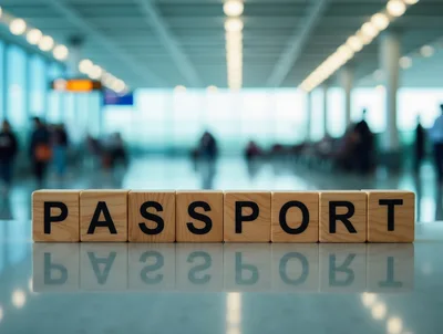 Wooden Blocks Spelling Passport on Airport Terminal Table