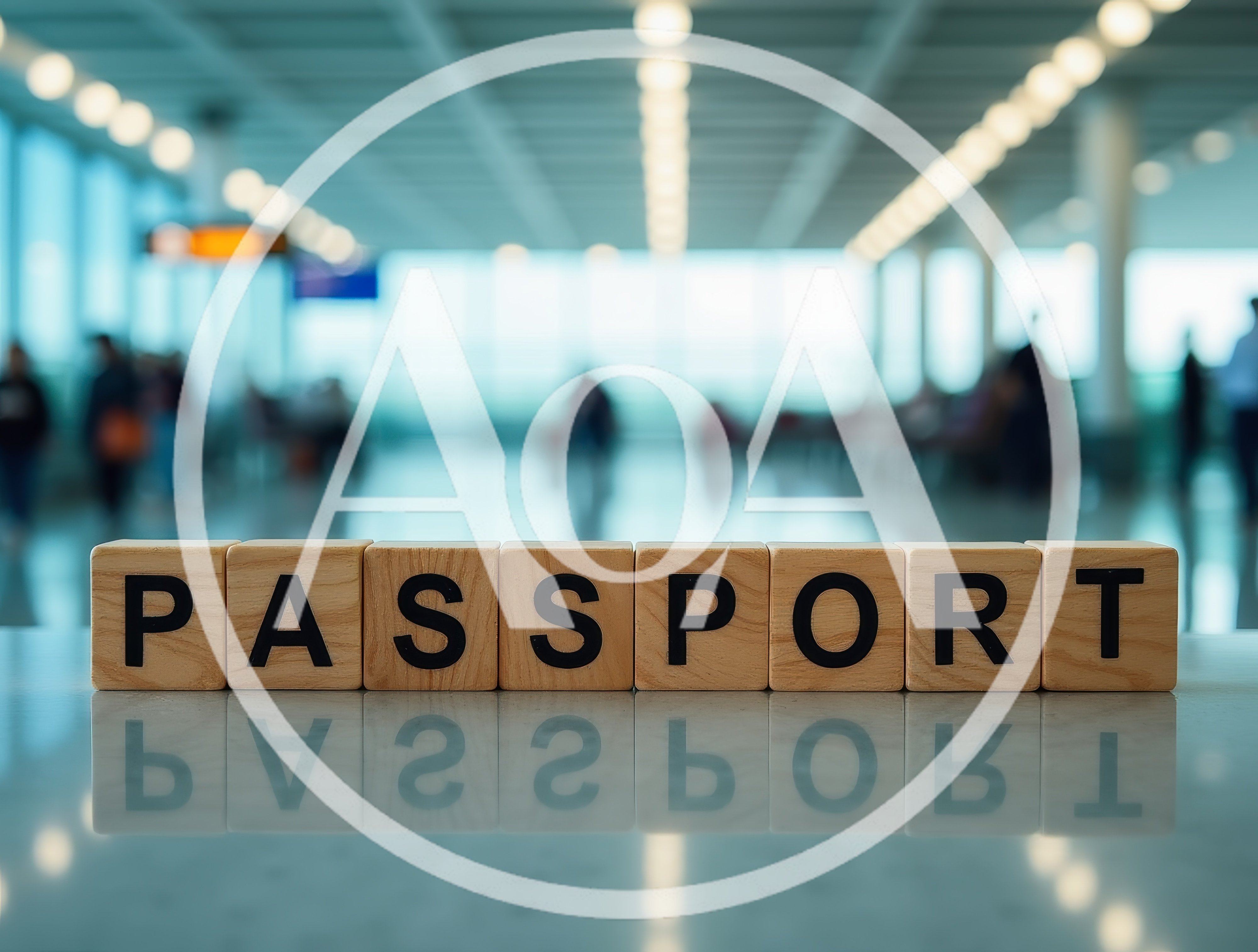Wooden Blocks Spelling Passport on Airport Terminal Table