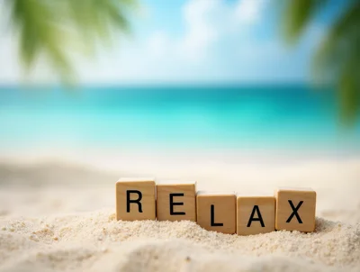Wooden Blocks Spelling Relax on Tropical Beach Sand