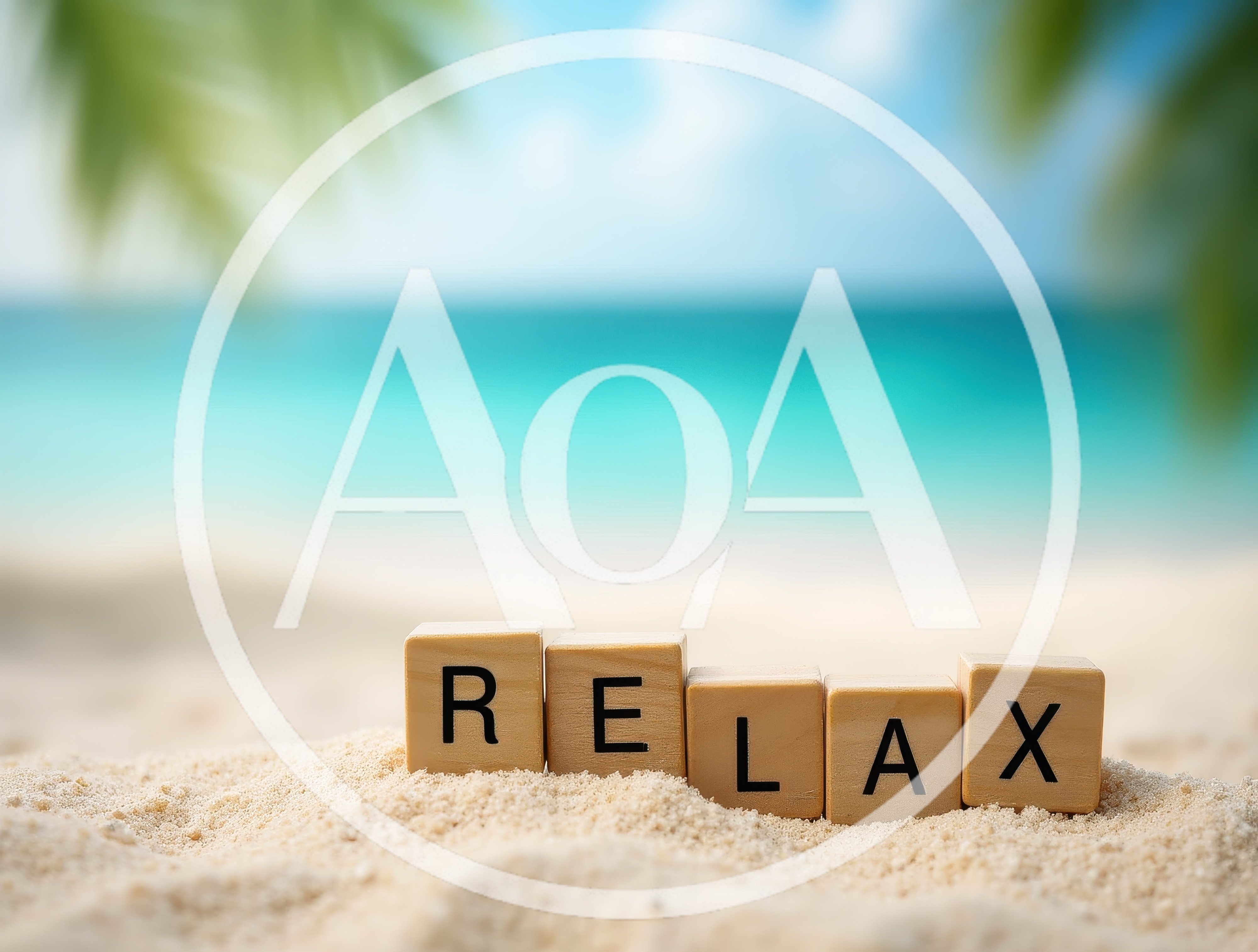 Wooden Blocks Spelling Relax on Tropical Beach Sand
