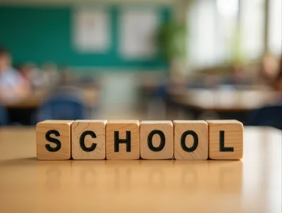 Wooden Blocks Spelling School on a Classroom Desk