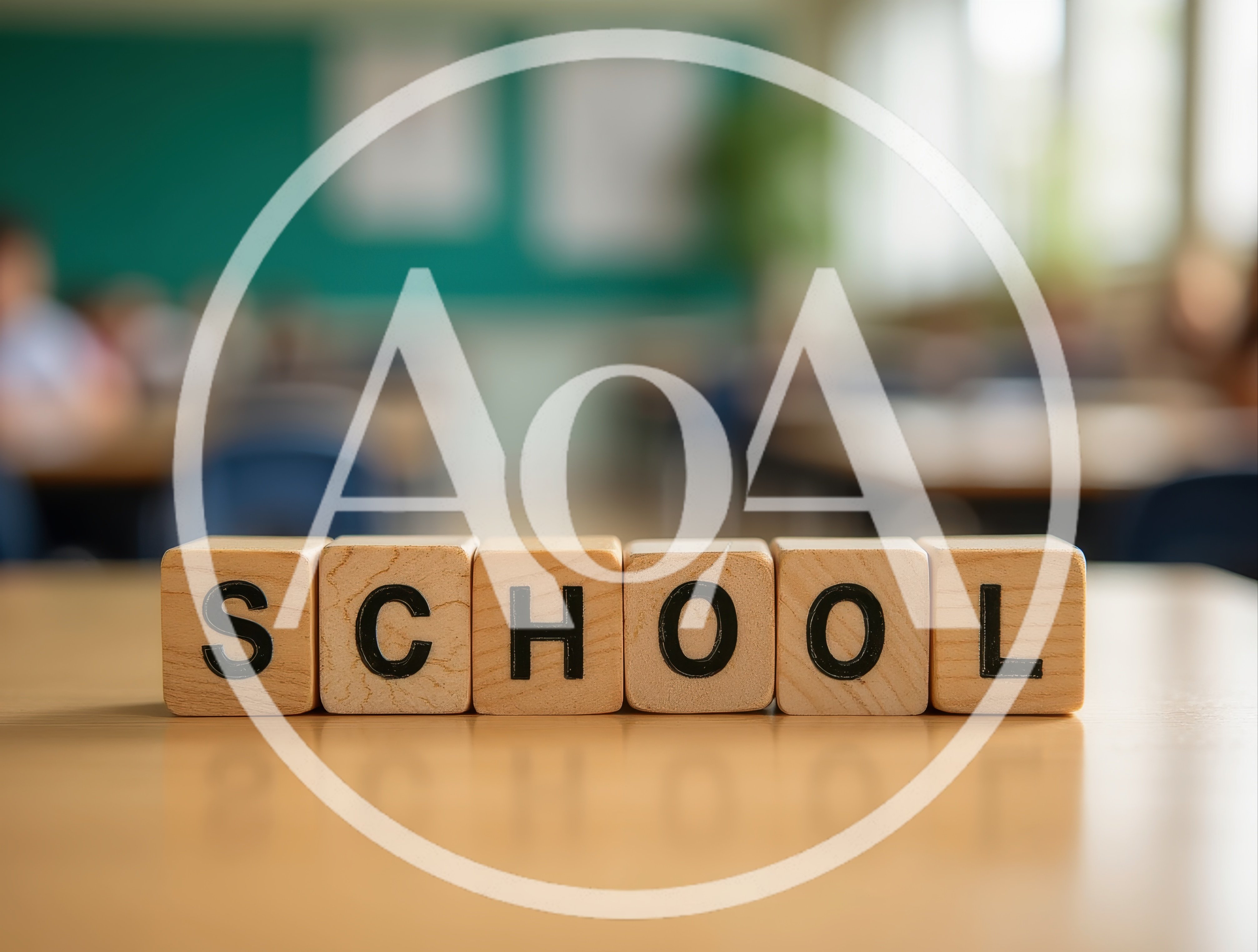 Wooden Blocks Spelling School on a Classroom Desk