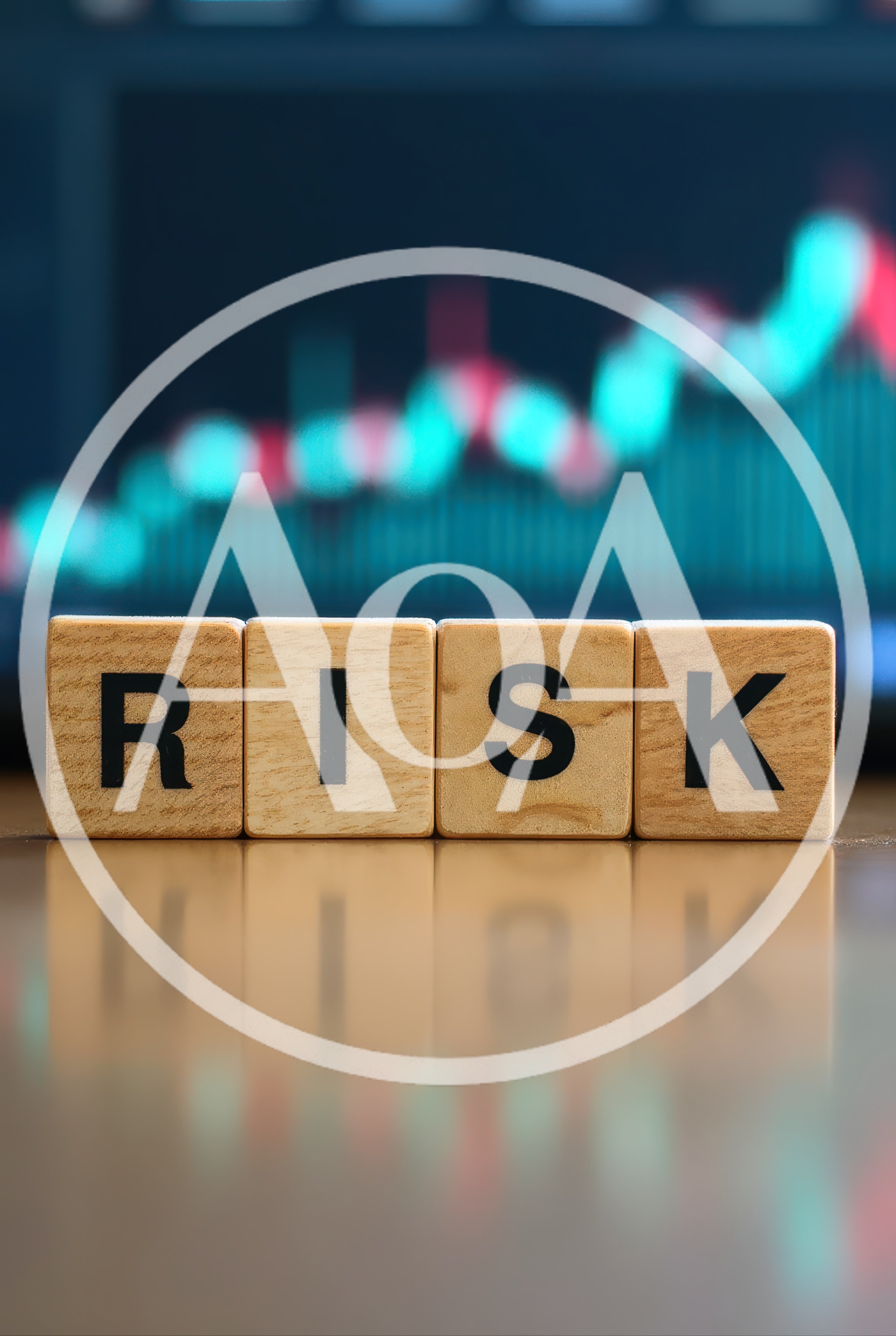 Wooden Blocks Spelling Risk With Financial Market Chart Background