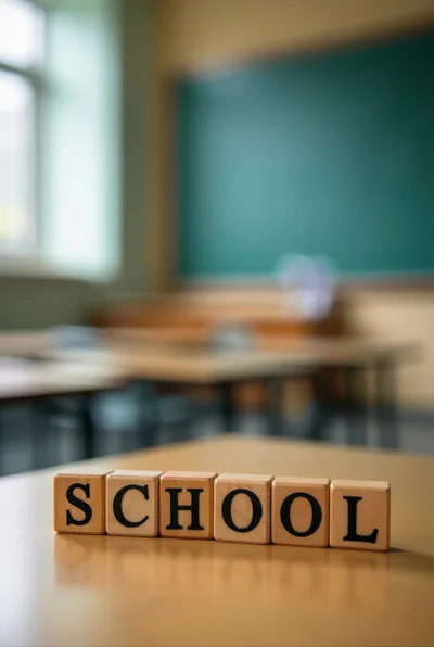 Wooden Blocks Spelling School on Classroom Desk