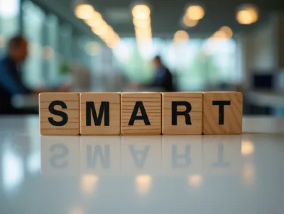 Wooden Blocks Spelling Smart On A Reflective Office Desk