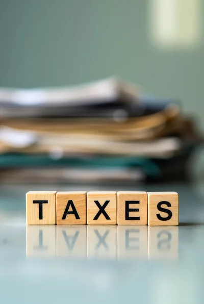 Wooden Blocks Spelling Taxes With Blurred Paperwork Background