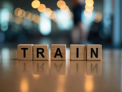 Wooden Blocks Spelling Train On A Reflective Surface