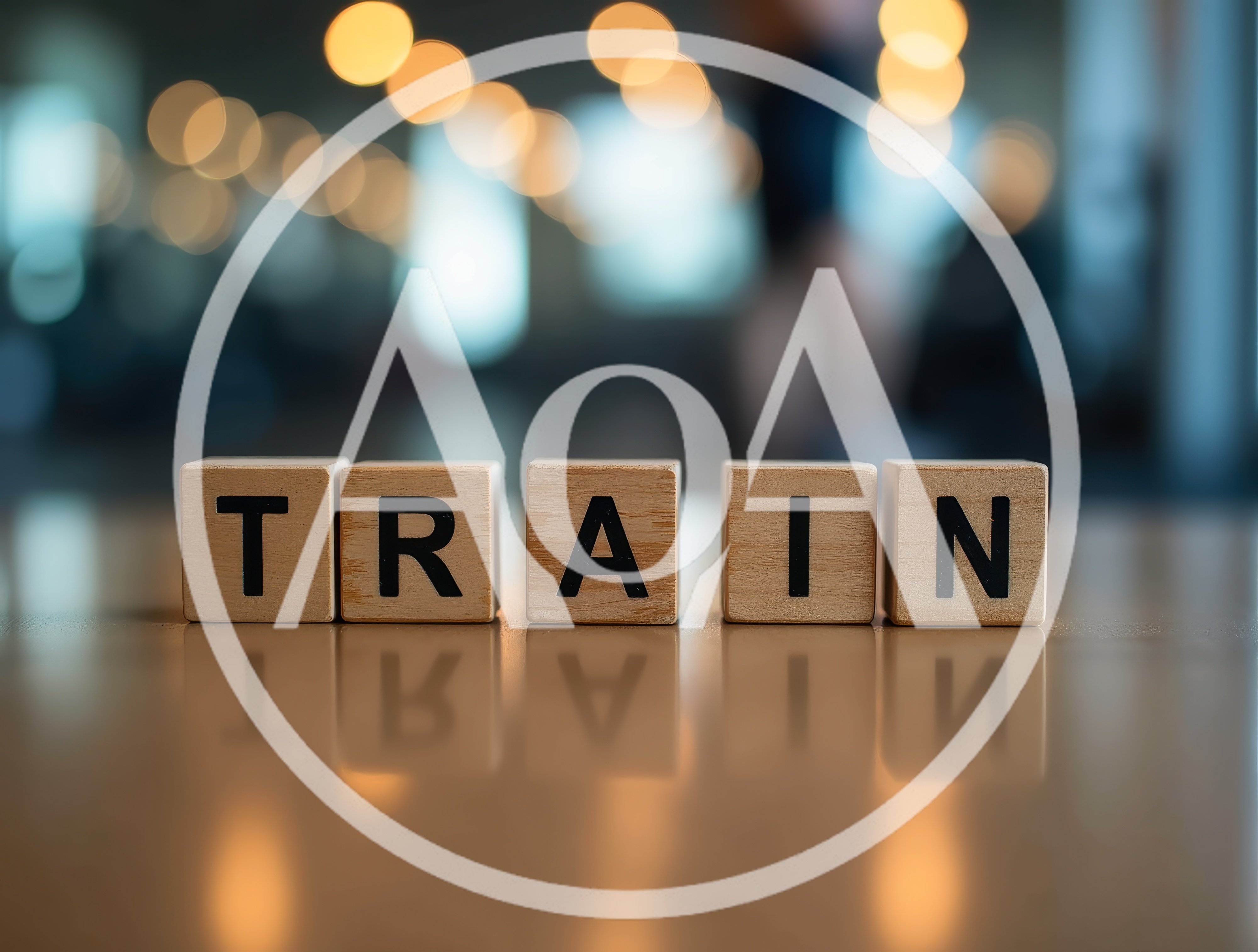 Wooden Blocks Spelling Train On A Reflective Surface